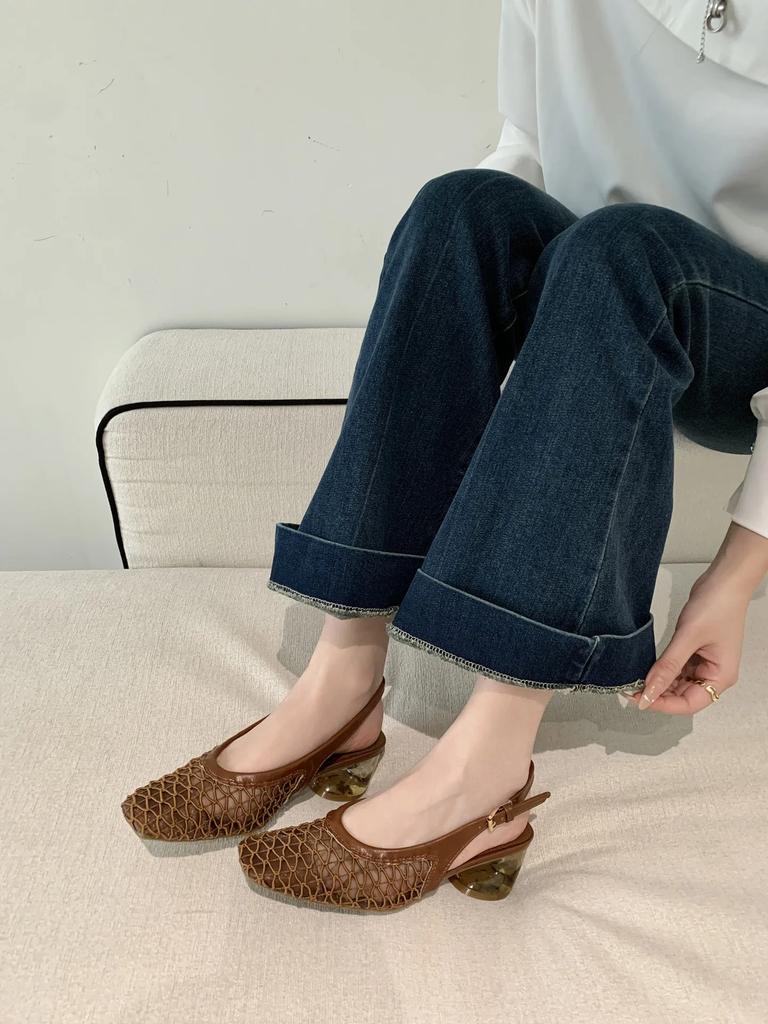 Fashion Women's sandals 2025 Summer Mary Jane Shoes Hollow Buckle Strap Roman Mesh Mid Thick Heel fashion Sandalias talons femmes luxe