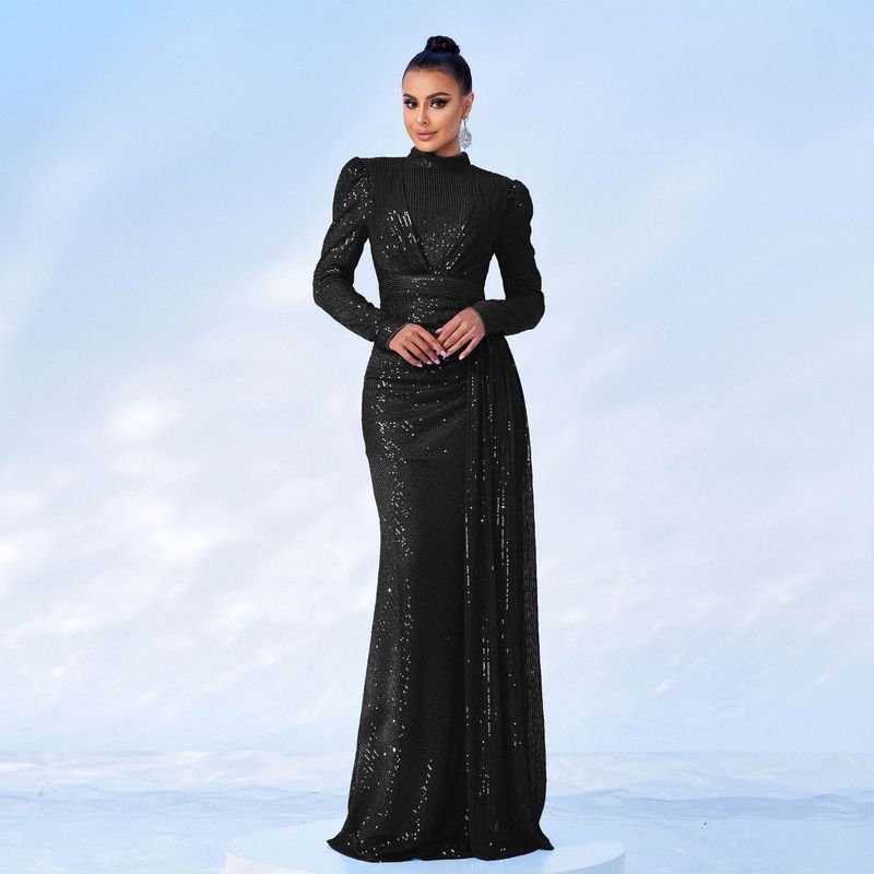 Cross-Border European and American Evening Dress with Long Sleeves, Elegant Round Neck, Sexy Slim Fit, Long Sequined Party Bridesmaid Dress for Women