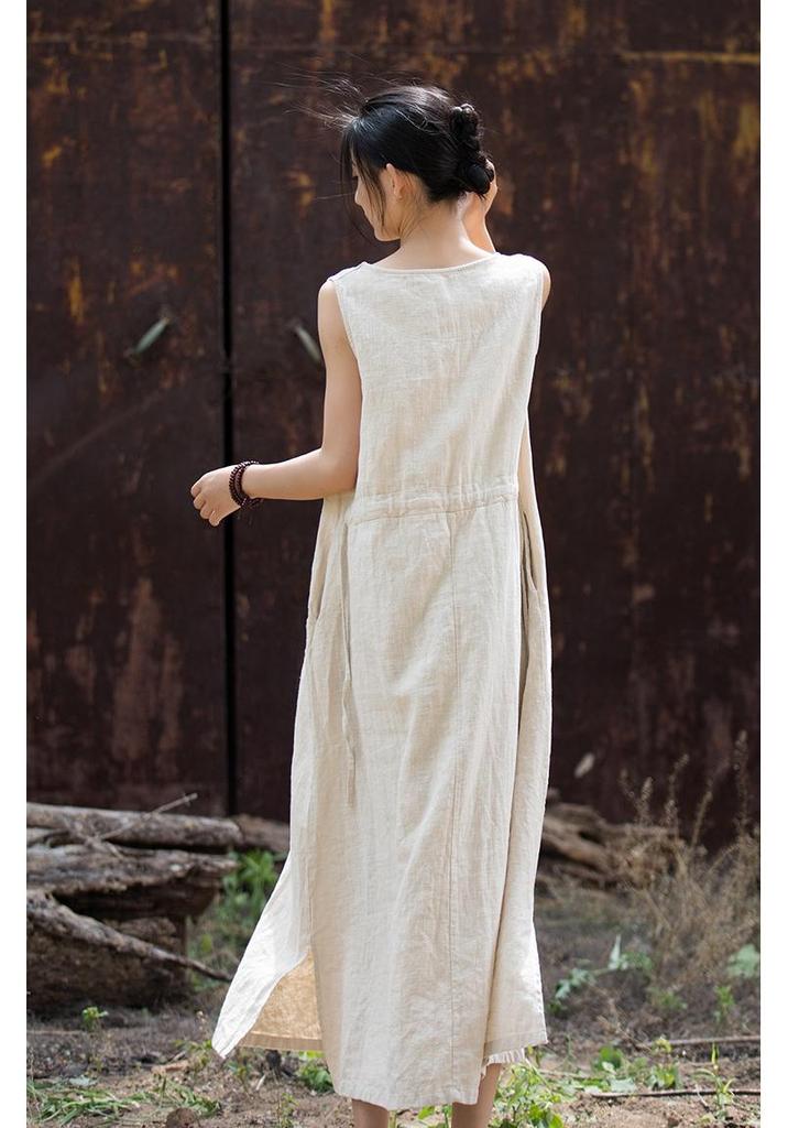 2025 Autumn/Winter Women's Cotton & Linen Ramie Tie-Up Sleeveless Dress - Long Artistic Skirt for Home & Travel