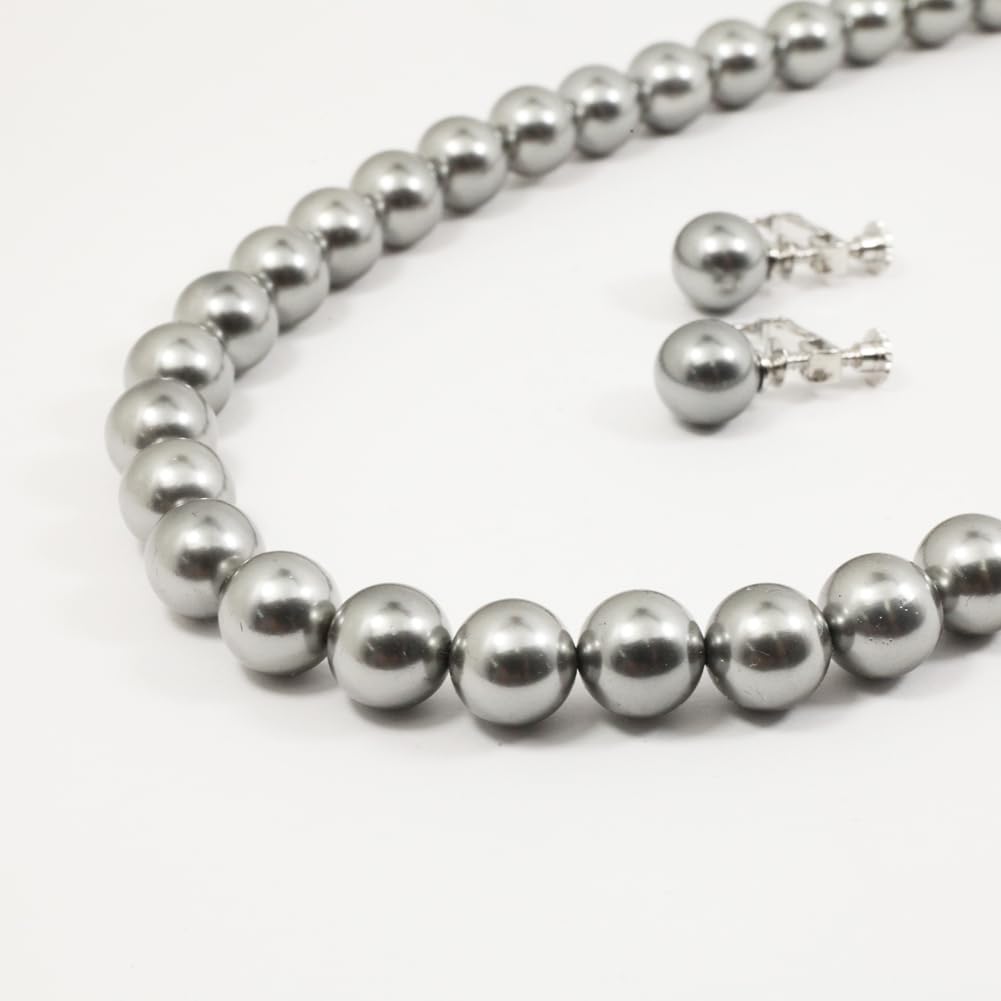 [Your and My Jewelry Box] Made In Japan  High-Quality Domestic Shell Pearl 9mm Formal Set, Gray-Black (Necklace and Earring Set) [Gift Wrapped]