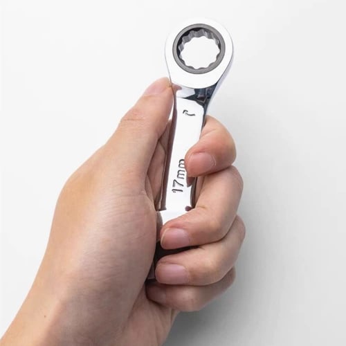 CRV Combination Wrench, Ratchet Wrench, Single-Ended, Short Type, Mirror Finish (15mm), for Car Maintenance