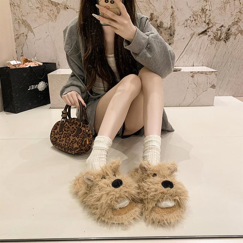 Cute Versatile Puppy Cotton Slippers Female 2025 Winter Indoor Non-slip Warm Half Pack Soft-soled Fluffy Shoes Fluffy