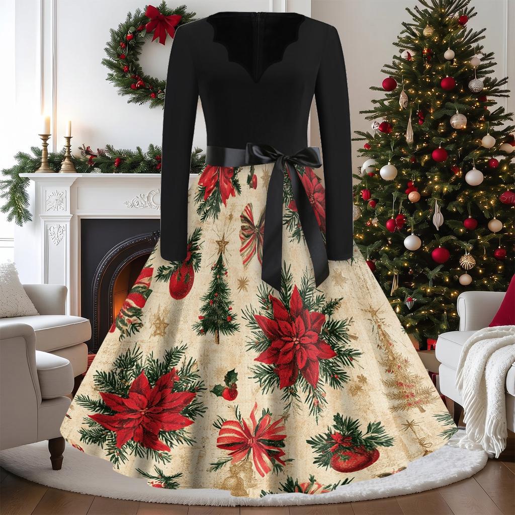 Women's Vintage Christmas Print V-Neck Long Sleeve Casual Dress