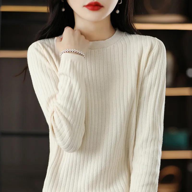 Damen Herbst Winter Pullover O-Ausschnitt Pullover Streifen Langarm Strickware Damen Slim Warm Unterzieh-Tops