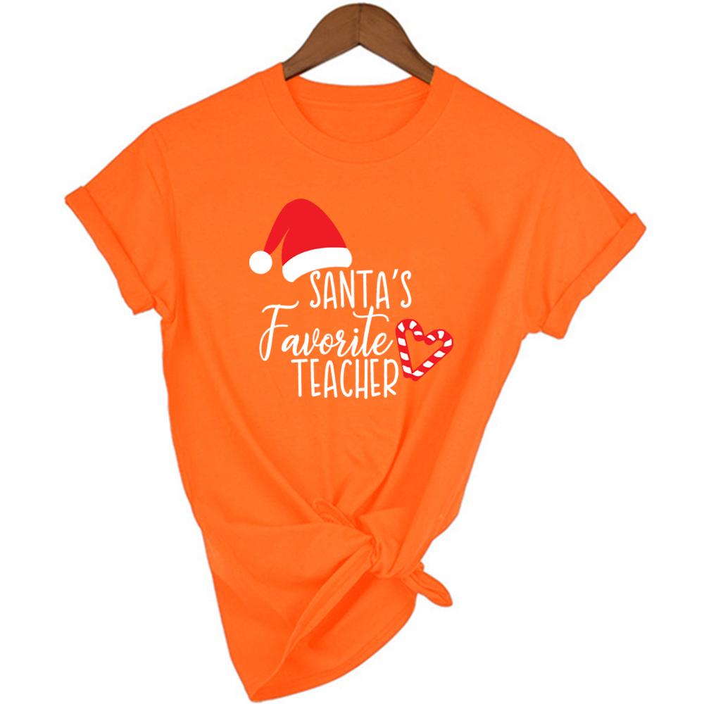 Santa S Favorite Teacher Print Women T Shirt Christmas Santa Hat Candy Cane Heart Print