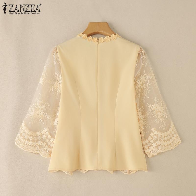 ZANZEA Dámská ležérní halenka s výstřihem do V, 3/4 rukávy, dutým patchworkem a krajkou