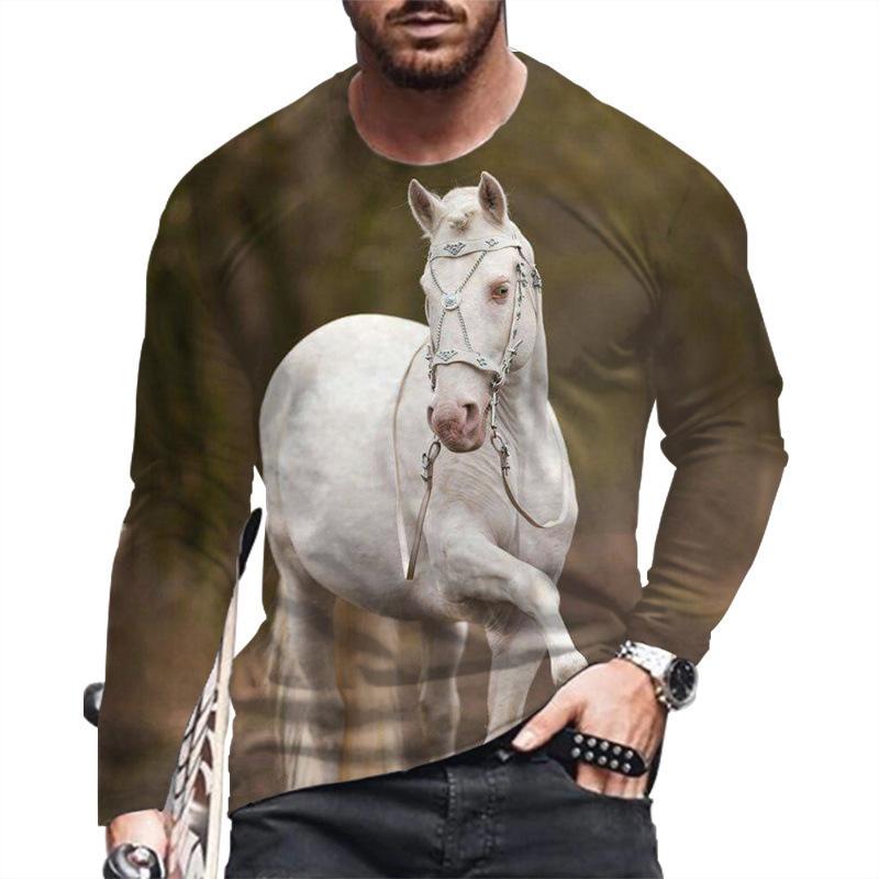 Spring and Autumn Round Neck Horse 3D Printed Top Fashionable Casual Long Sleeved Men's T-shirts