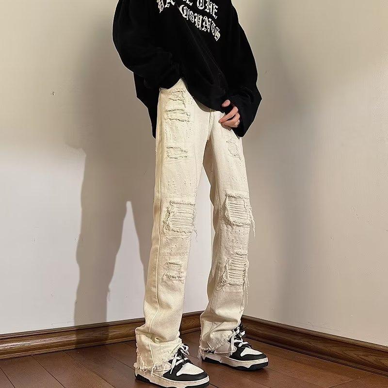 Ripped rough edge denim American vibe pants men's ins trendy versatile washed pants men's slim-fitting micro-flared pants white
