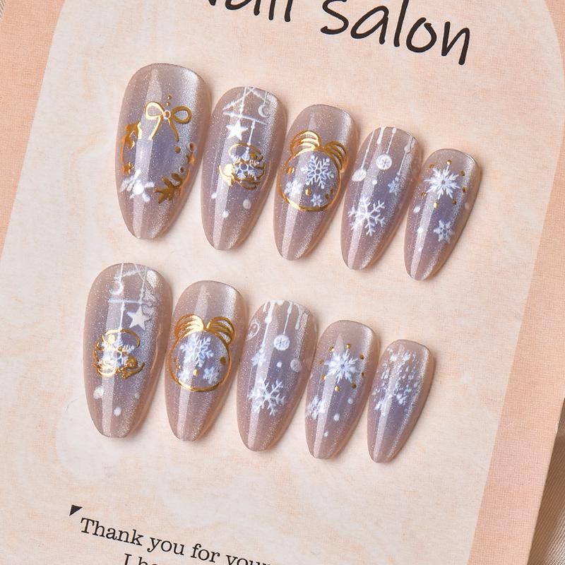 24-Piece Christmas Almond Cat Eye Nail Tips with Blue, Blush, Gold Foil & Bow Accents