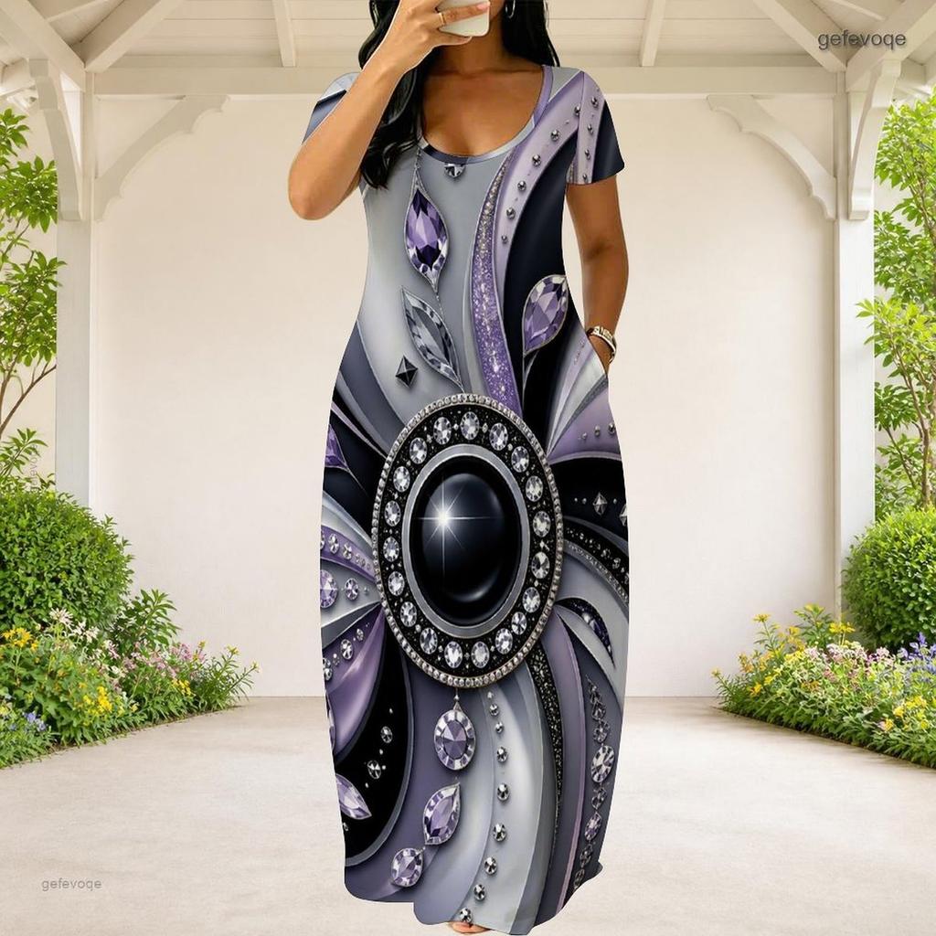 Women Plus Size Round Neck Short Sleeve Heart Gem Printed Green Loose Long Dress With Side Pockets