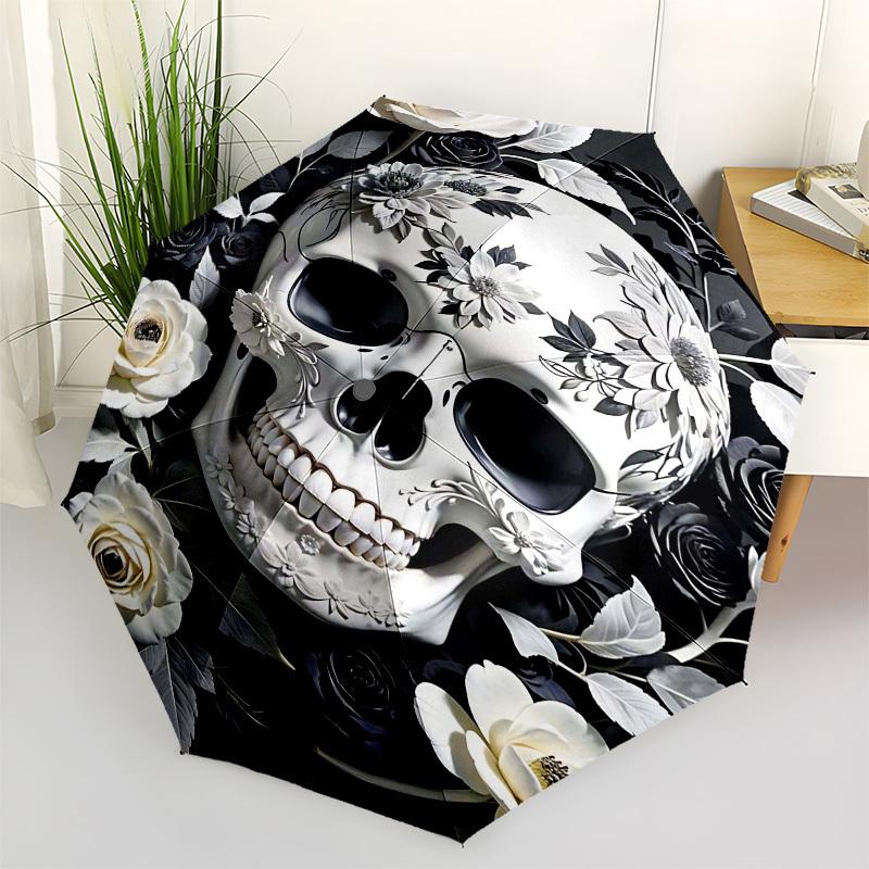 1pc Skull FlowersOpen/Close Umbrella-Windproof, Compact Travel Umbrella, Sturdy 8-Rib Shaft, Outdoor Accessory1164
