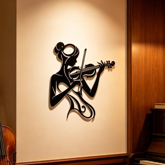 Musik Wandkunst Schwarz 2D Flache Frau spielt Violine Silhouette Metallskulptur Feminine Wanddekoration für Musikzimmer Studio Einweihungsgeschenk