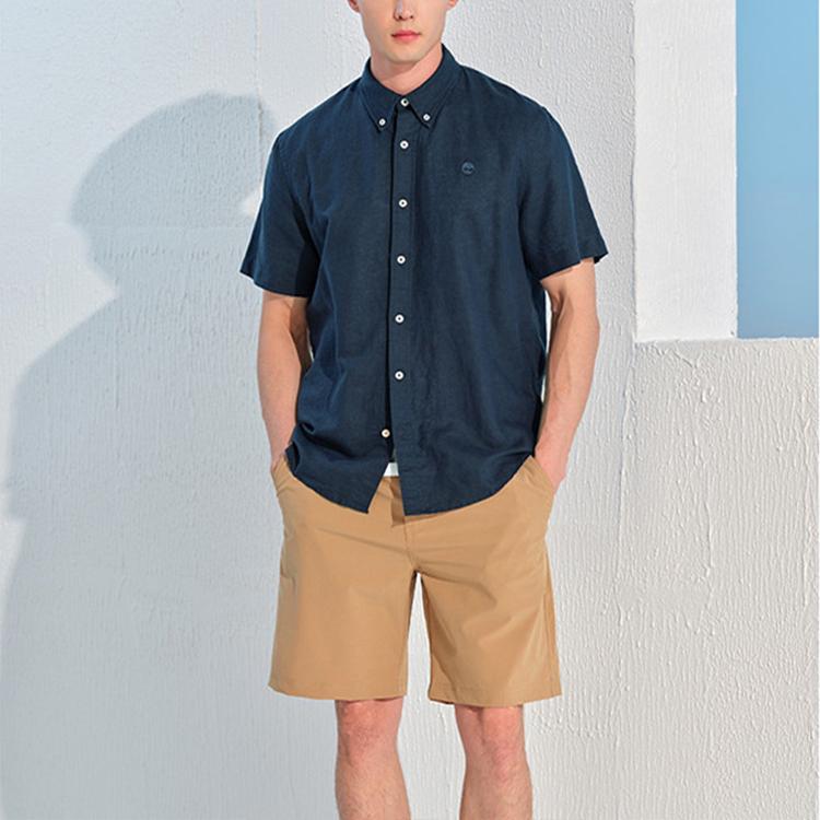 Timberland Jednobarevná venkovní ležérní košile s krátkým rukávem a úzkého střihu pro muže, prodyšná, tmavě safírově modrá A24WG-433