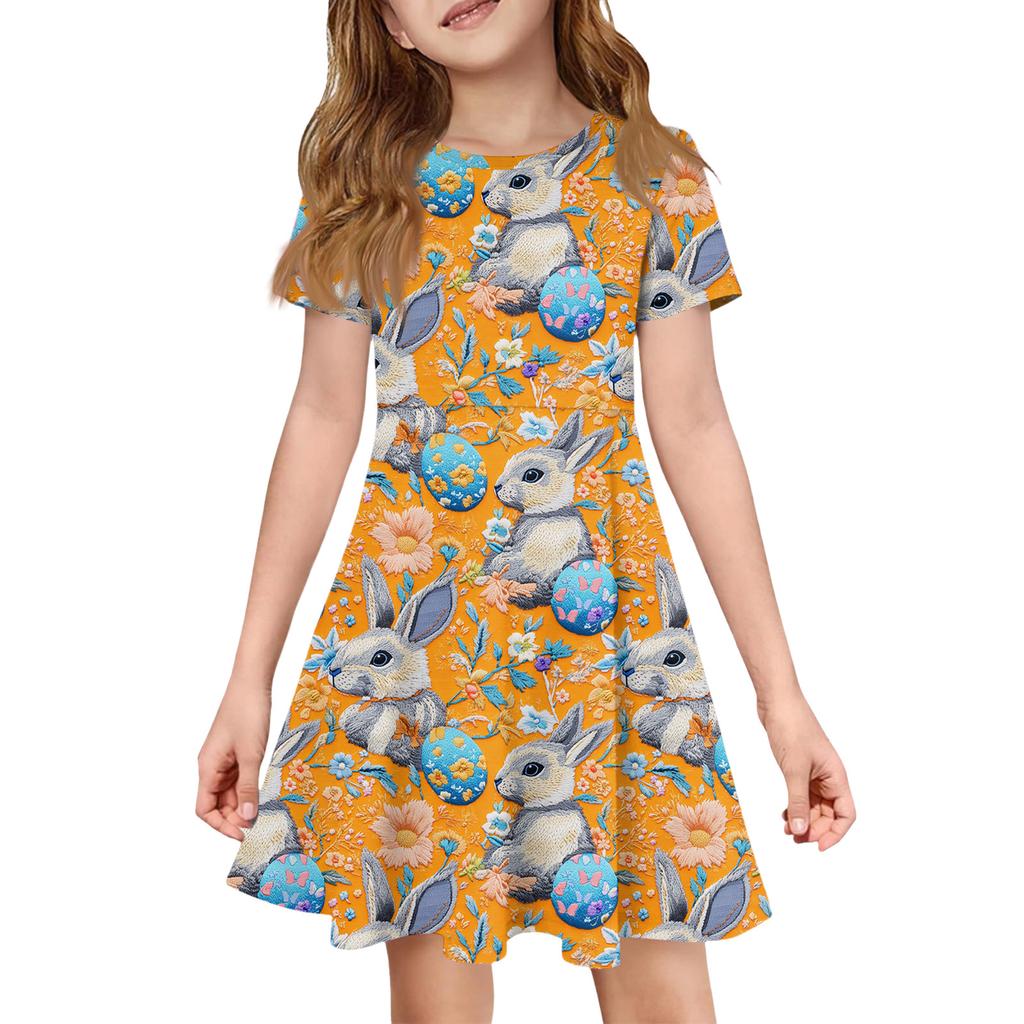 Girl Summer Dress Color & Print Short Sleeve Dress With Pocket Casual Dress Shorts Sleeve Party Dress Easter Day
