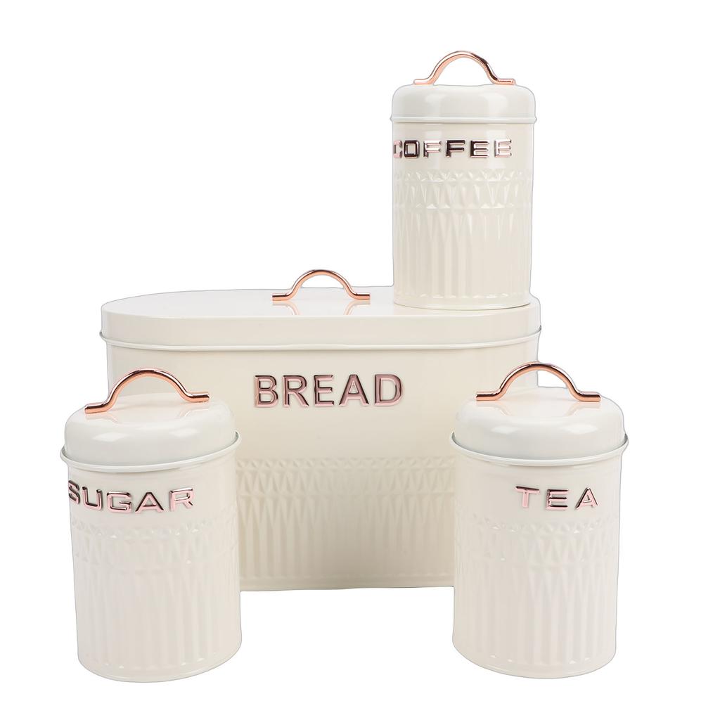 Set da 4 pezzi: Porta pane e barattoli in ferro per cucina, Caffè, Tè, Zucchero, Porta pane in metallo per piano di lavoro