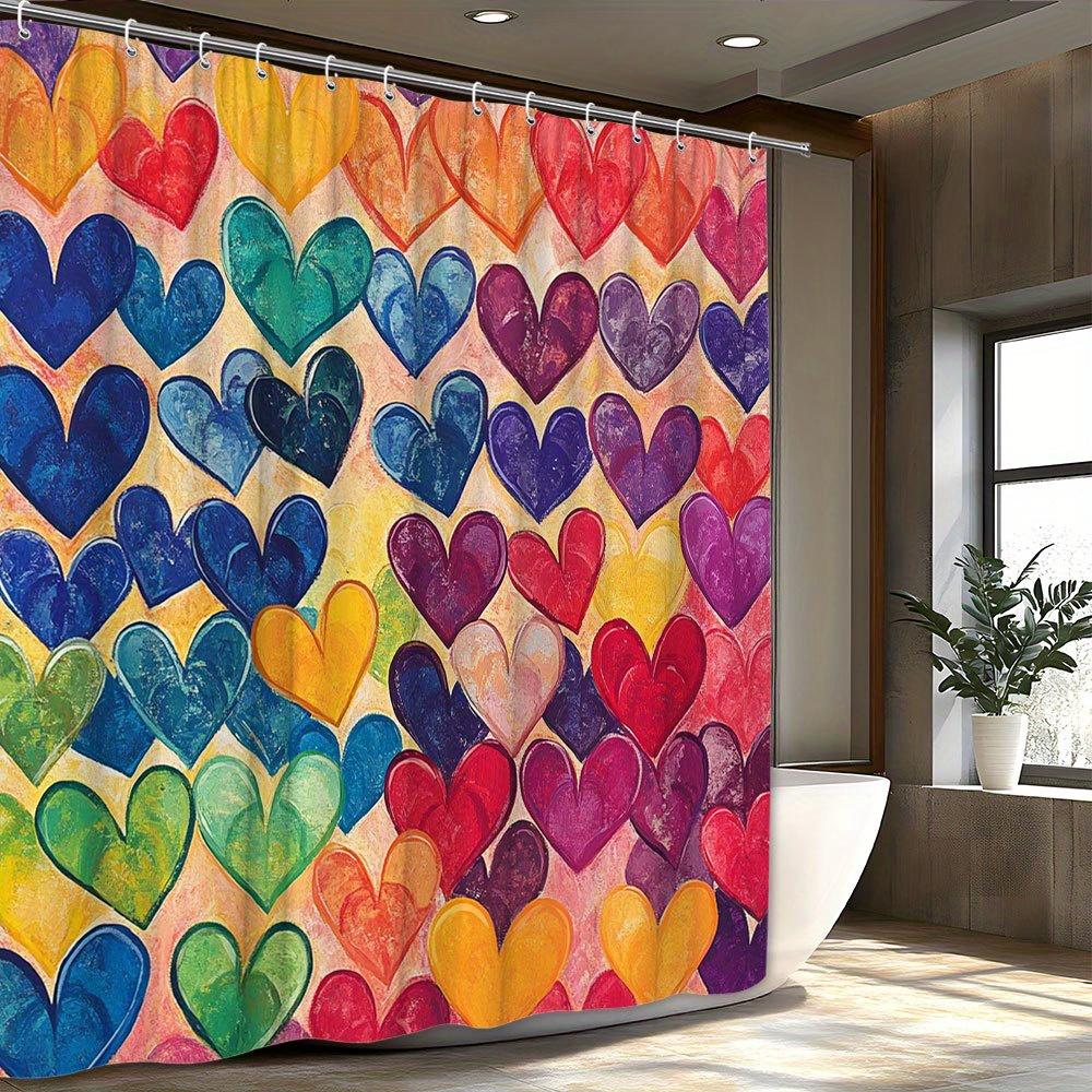 Vibrant Colorful Overlapping Hearts Shower Curtain Playful Peach Background Layered Heart Art Bathroom Decor With Hooks