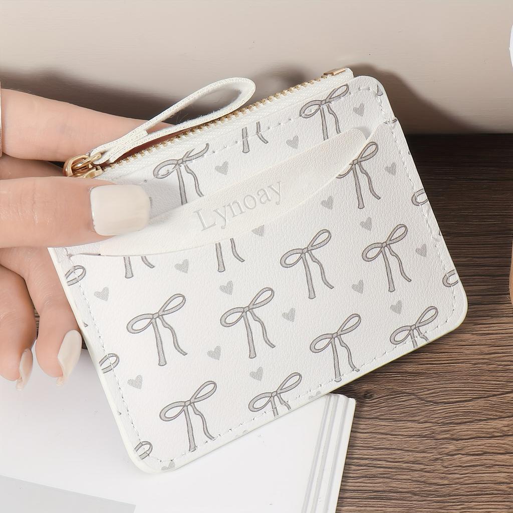 Ladies' Ultra-thin Zipper Wallet with Pink Heart-shaped Bow Card Holder Lightweight for Daily Use Card Holder with Zipper Closure