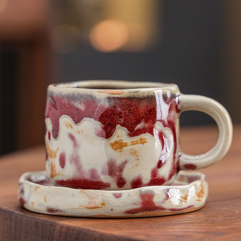Grobes Töpferton Ofenwechsel Tasse und Untertasse Set Unregelmäßige Wabi-Sabi Keramiktasse für Kaffee Tee Hausbar Rustikale Wohnkultur Geschenk