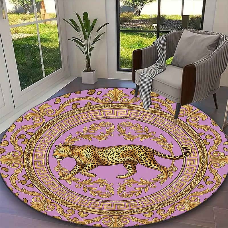 1pc Office Carpet, Golden Vintage Leopard Chair Rug, Living Room Printed Round Rug, Home Chair Floor Mat