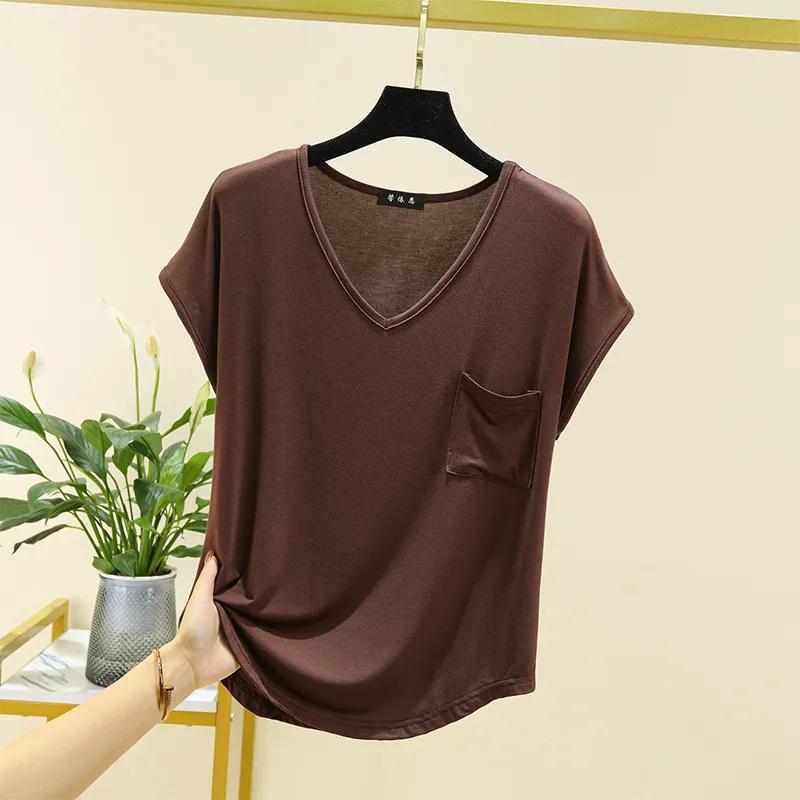 Women's Summer Short-sleeved Top with Thin Solid Color Loose Large V-neck Household Clothes