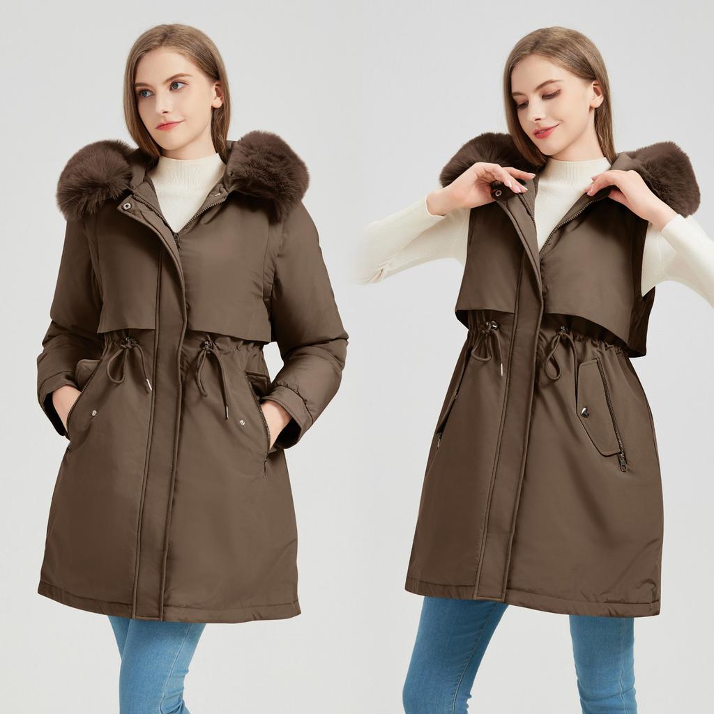 Women's new fur collar hooded removable sleeves two wear thickened padded fluffy warm loose high quality fabric casual sports cotton jacket
