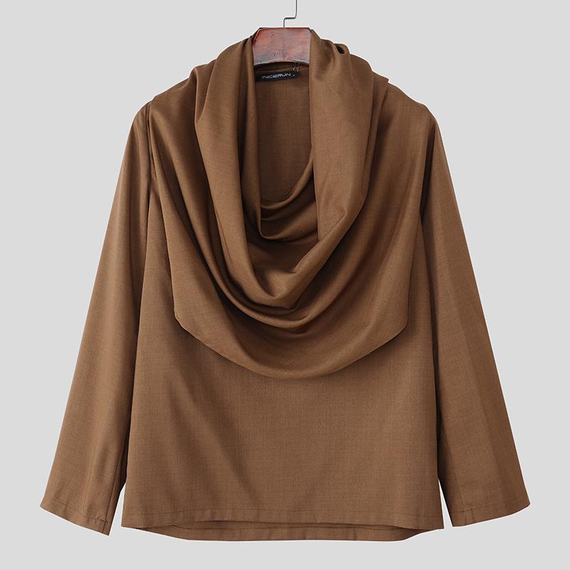 INCERUN Spring Men Swing Collar Low Cut Long Sleeve Casual Loose Solid Shirts Tops