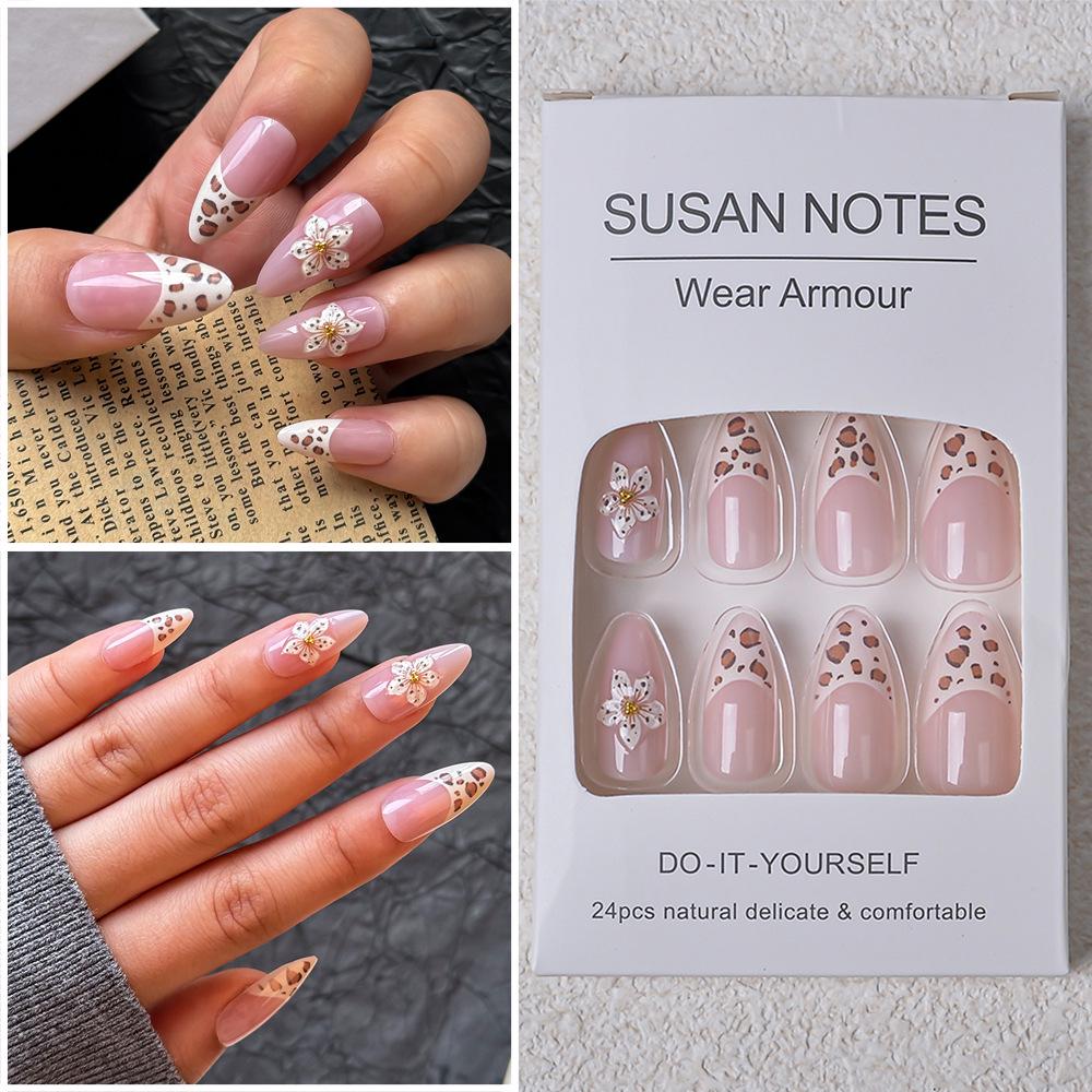 Leopard Print Almond-Shaped Wearable Nail Patches - High-Quality 3D Carved False Nails