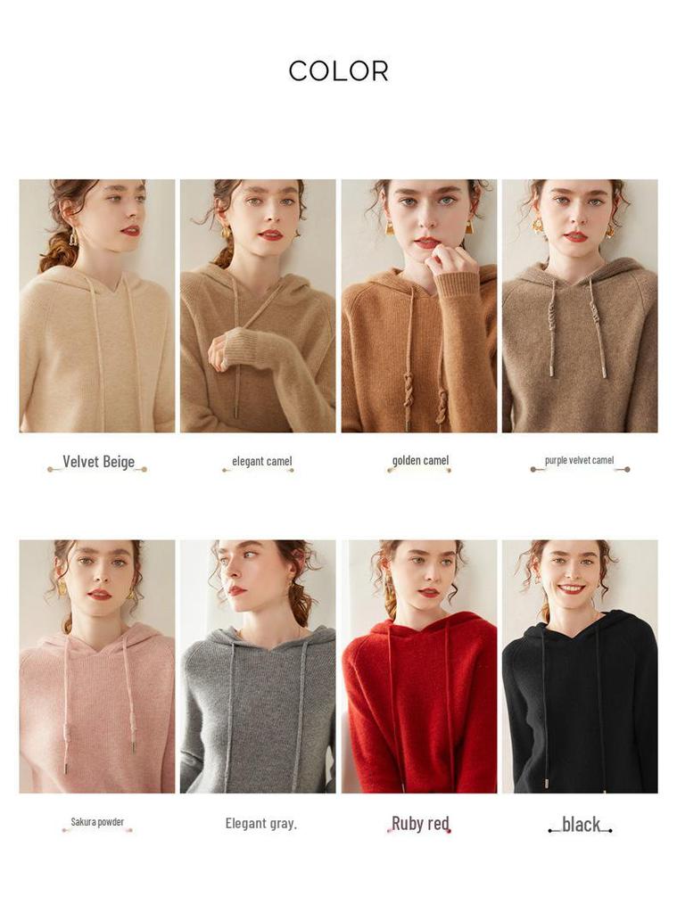 Women's Hooded Cashmere Sweater: Long Sleeve, Thick, Warm, Autumn/Winter Knit, Loose Fit Pullover.