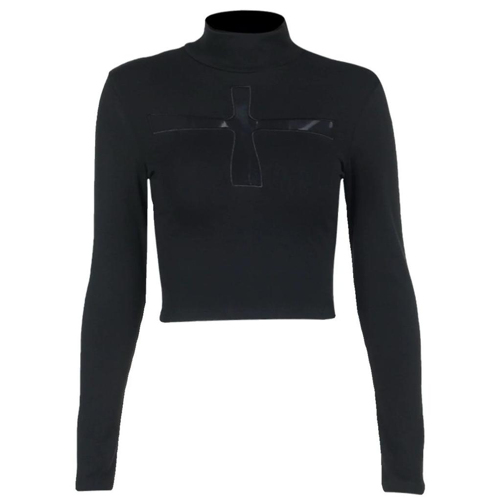 Gothic Dark Cross Hollow Long Sleeve Top Harajuku Y2K Vintage Punk Sexy Perspective Fashion Style Slim Women Top