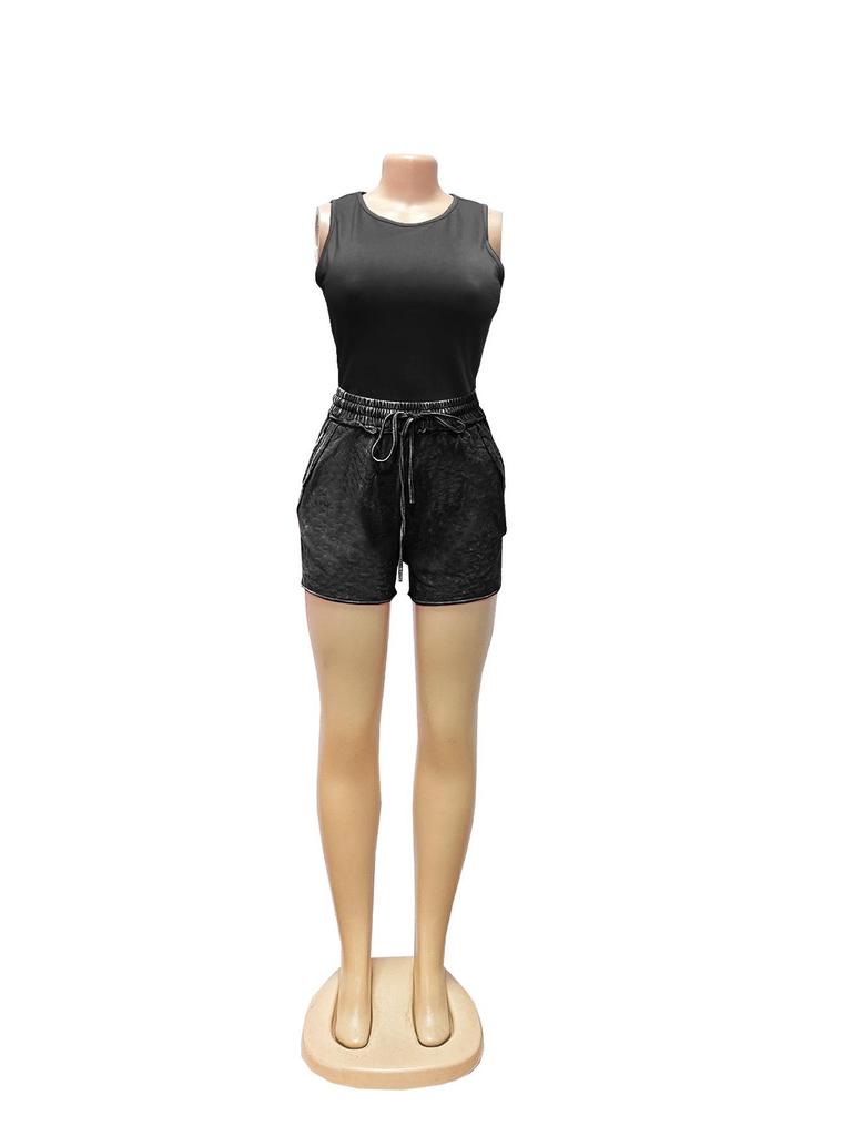 TW741 European-American Style Cotton Shorts & Sexy Tank Top Casual Two-Piece Set