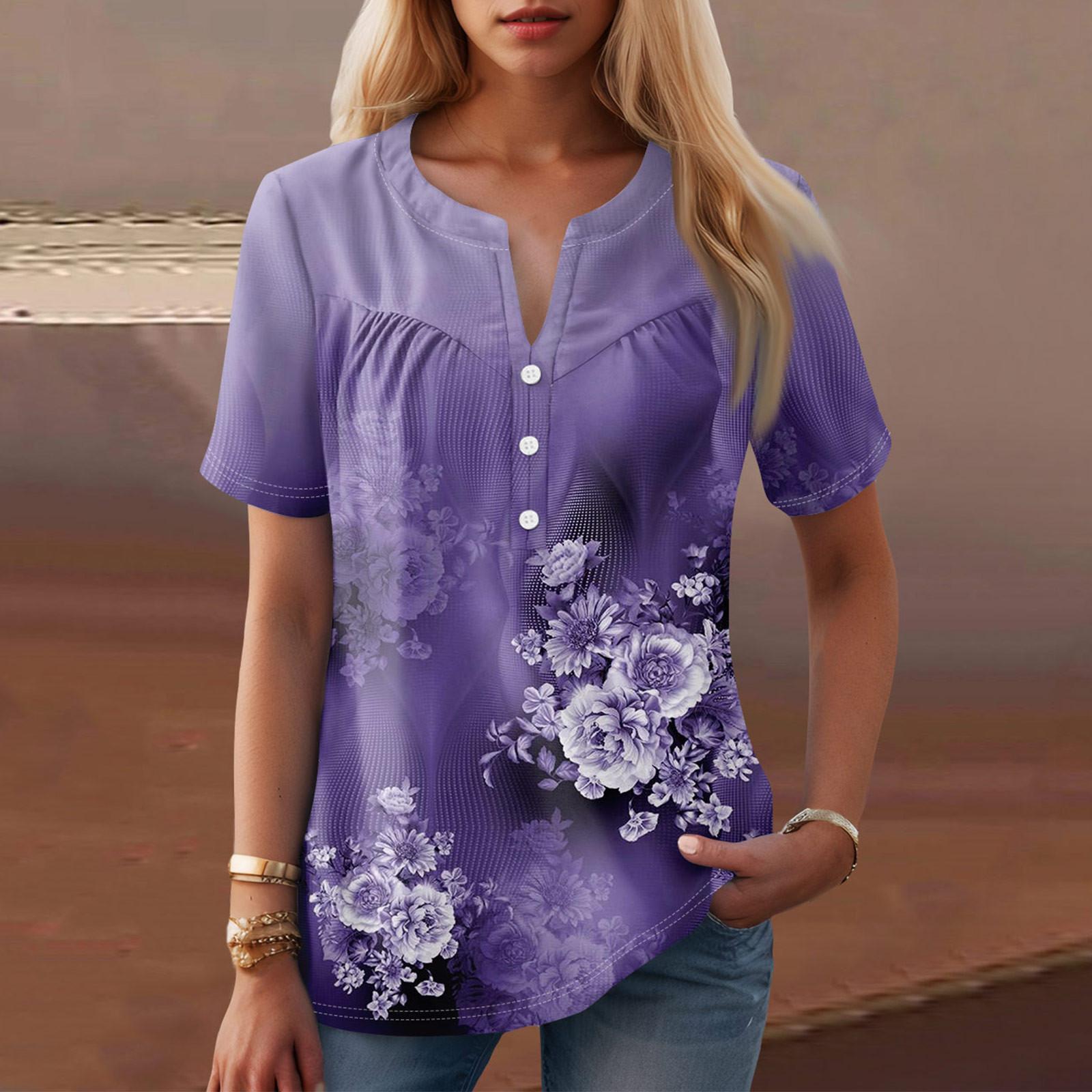 

Женская повседневная футболка с v-образным вырезом и коротким рукавом с цветочным принтом и декоративными пуговицами, топ XXXL фиолетовый