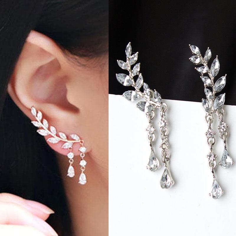 

Korean style new sweet jewelry, flash diamonds, popular leaves, leaves, tassels, crystal drop earrings, earrings, earrings