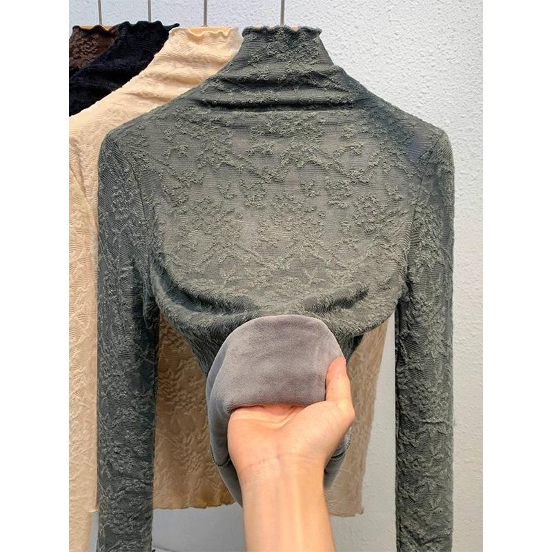 Women's High-Neck Lace Jacquard Base Layer Top - Fleece or Thin-Lined for Autumn & Winter Warmth.