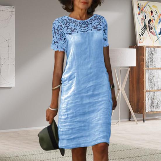 Damen Sommerkleid Aushöhlen Spitze Nähte Kurzarm Einfarbig Locker Täglich