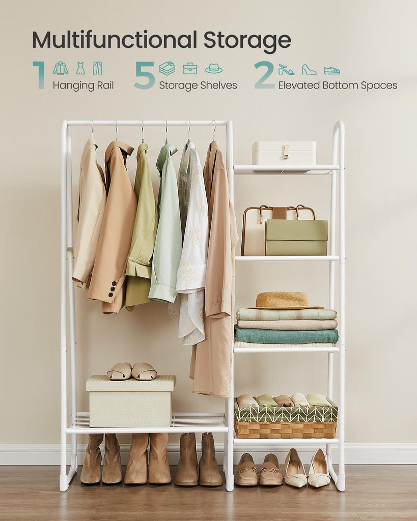 Freestanding Clothes Rail with 5 Storage Shelves, Clothes Rack, White