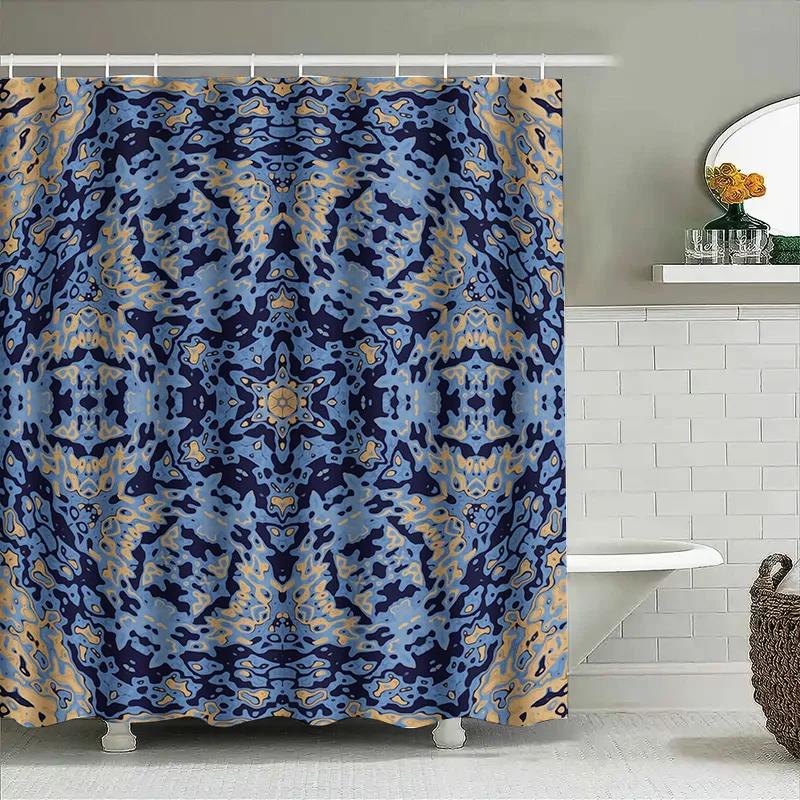 

Сине-золотая шторка для ванной и душа, тканевая, с принтом, для домашнего декора, водонепроницаемая, современный стиль, декоративный узор «Дождь» W90xH180cm