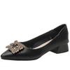 Leather French thick heel low heel single shoes femininity pointed rhinestone square buckle occupation commuter work large size women's shoes