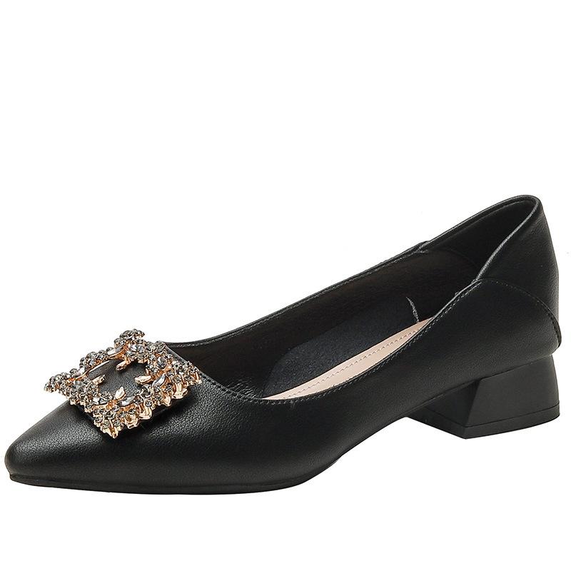 Leather French thick heel low heel single shoes femininity pointed rhinestone square buckle occupation commuter work large size women's shoes
