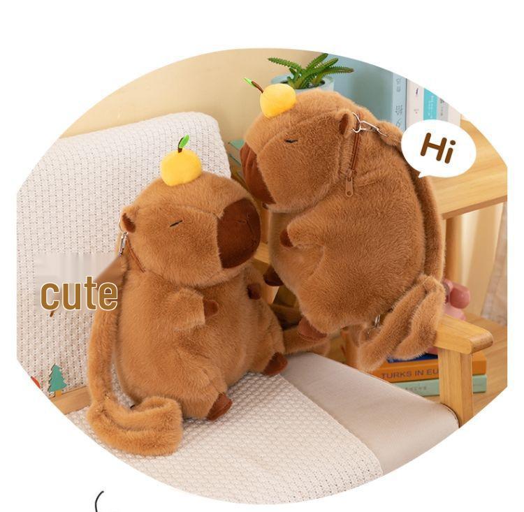 Capybara Cartoon Orange Plush Backpack: Women's Large Fuzzy Double Shoulder Bag