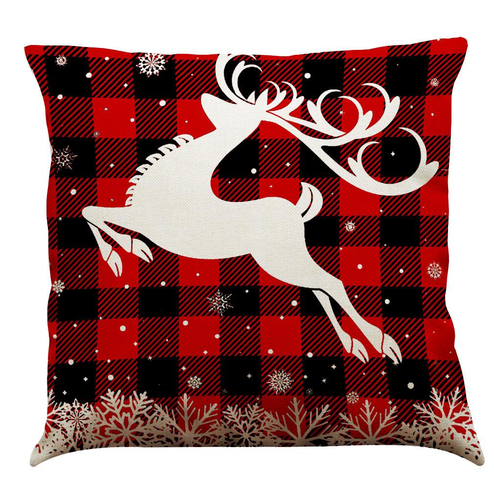 Red Plaid Elk Deep Forest Christmas Pillow Cover Home Sofa Cushion Cover