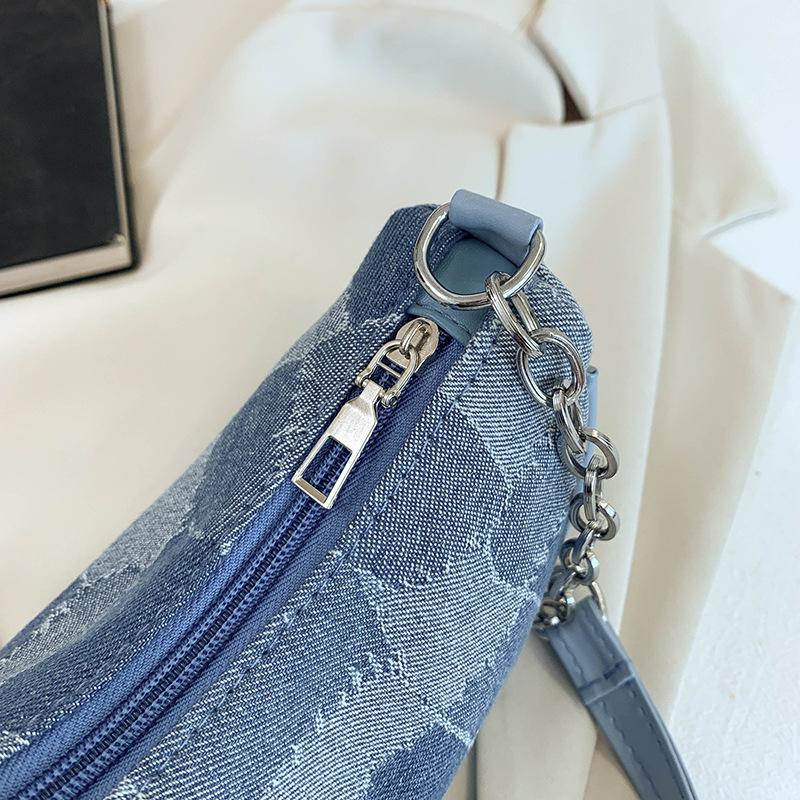 Versatile Plaid Denim Bag for Women One Shoulder Soft Leather Checkered Chain Underarm Bag French Fashion Casual