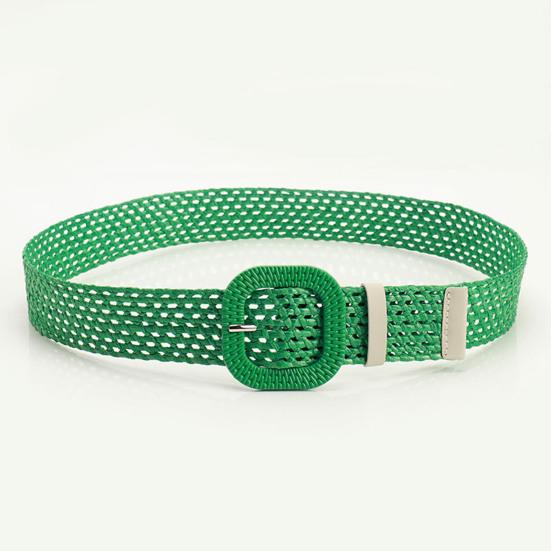 Straw Woven Belt with Oval Square Buckle Hollow Design Decorative Jeans Belt Breathable Weave Adjustable Shirt Waistband