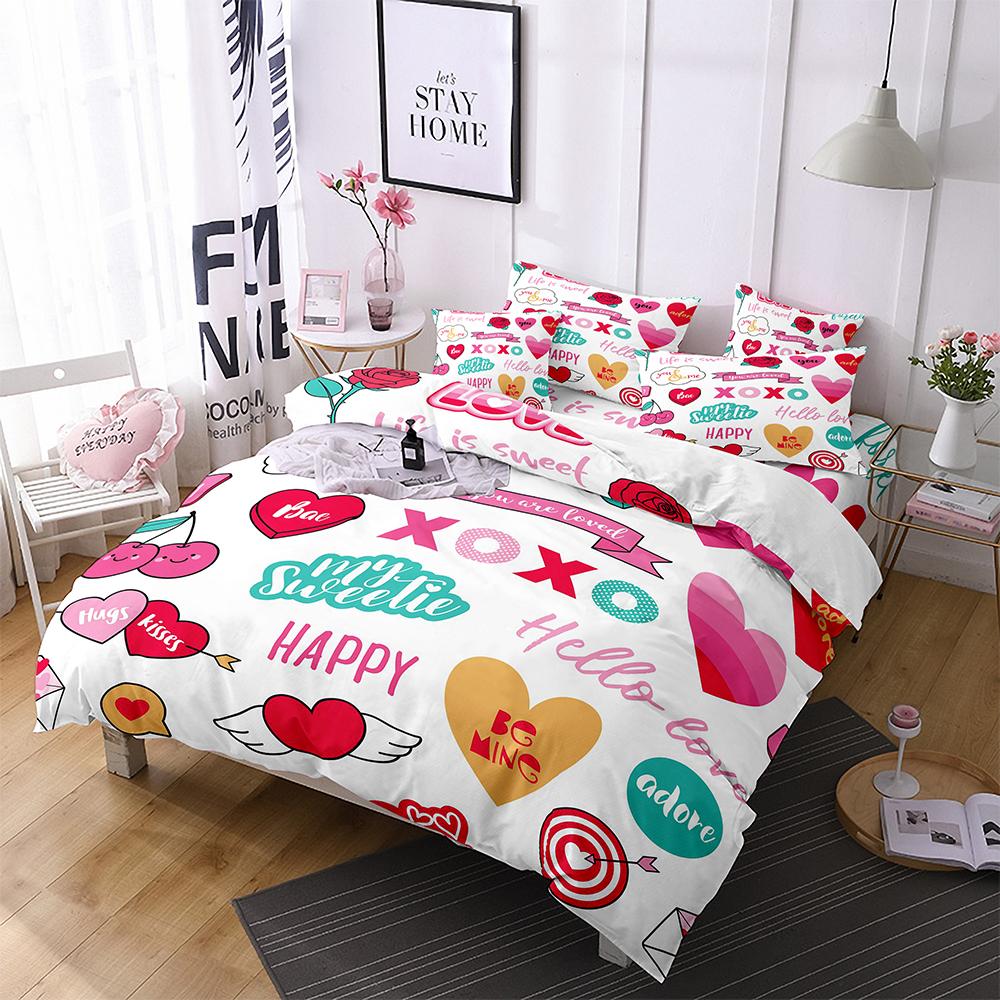 Love Heart Duvet Cover Set King Size Valentines Bedding Set Pink Love Heart Pattern Soft Microfiber Fabric For Girls Women Quilt