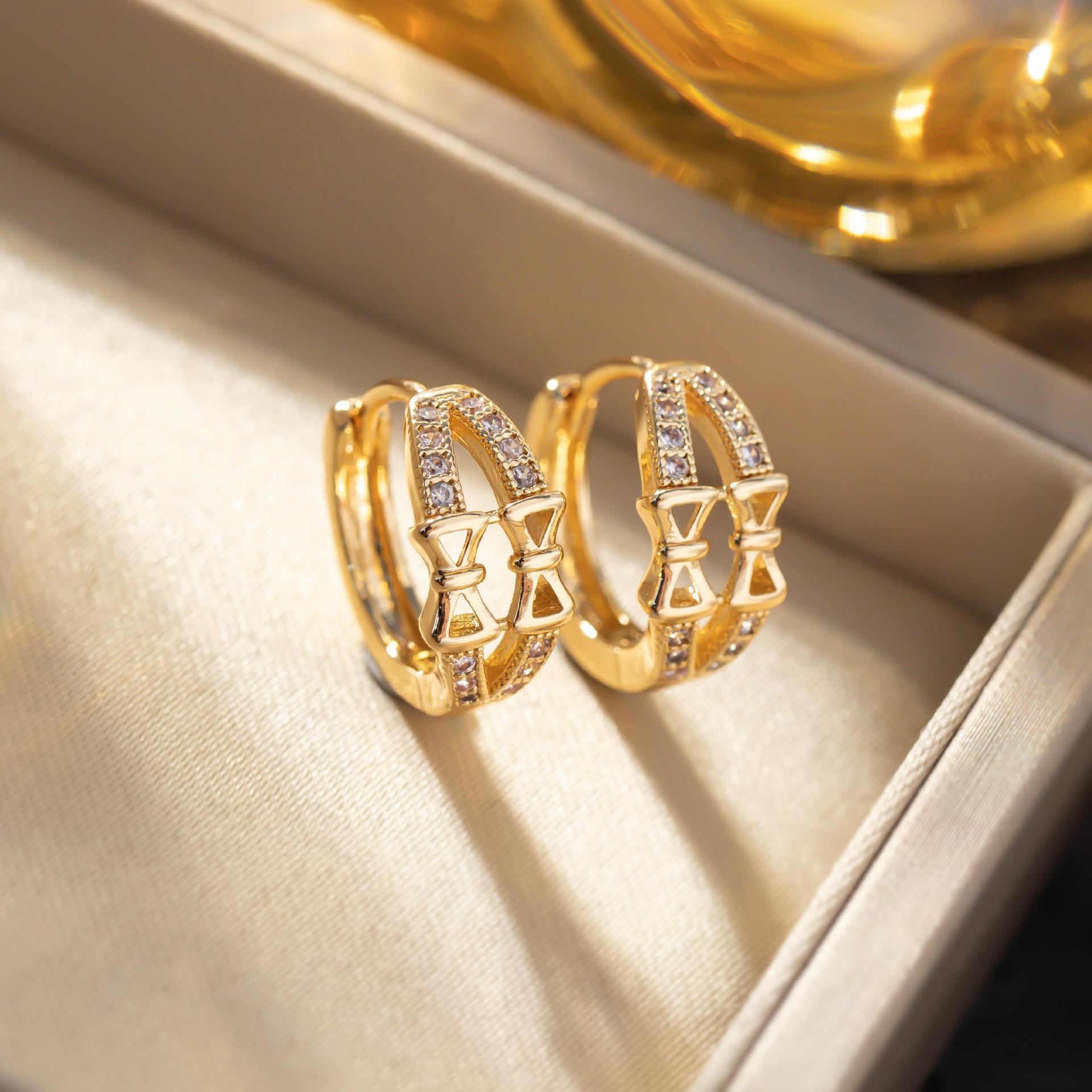 Elegant French Double Row Rhinestone Bow Earrings - High-End, Non-Fading Luxury Ear Accessories