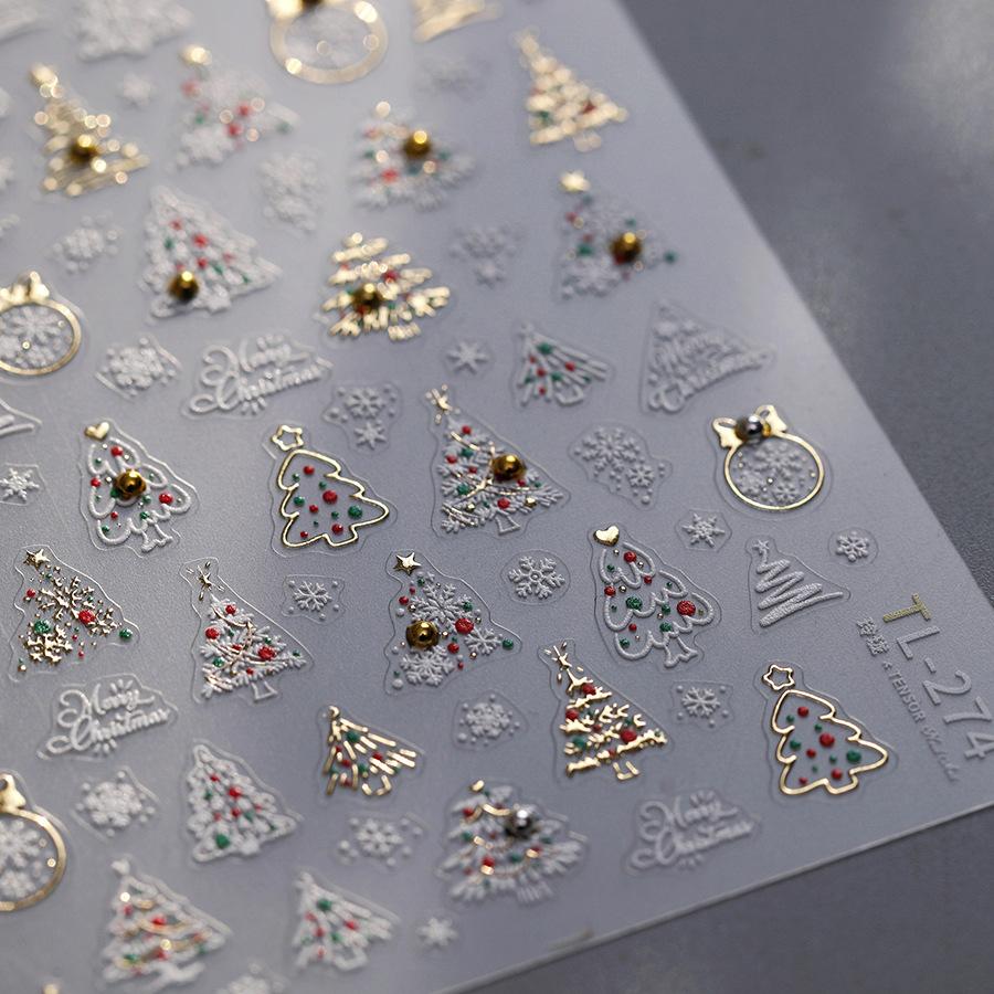 Gold Stamped White Christmas Tree Snowflake 3D Self Adhesive Nail Art Stickers Santa Claus Elk Xmas Cartoon Cute Manicure Decals