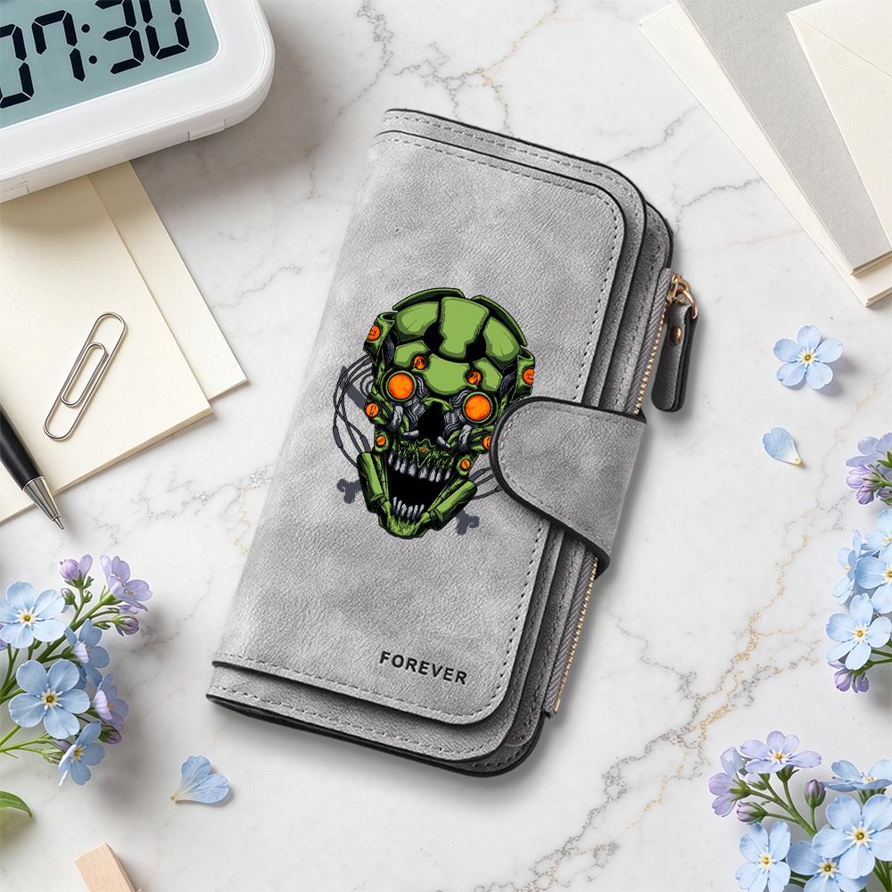 Cool Skull Print Long Wallet Portable Fashion Card Holder Durable Trendy Daily Purse