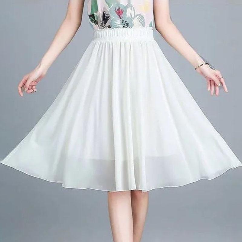 Chiffon Skirt Elastic Waistband Design Solid Color Women's High Waisted Dance Skirt Medium Length A-word Draping Long Skirt Commute Simple Casual