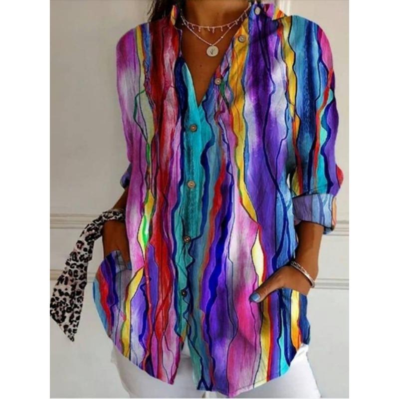 Geometric Print Long Sleeved Lapel Button Women's Shirt High Street Fashion Artistic Retro Style Spring Top