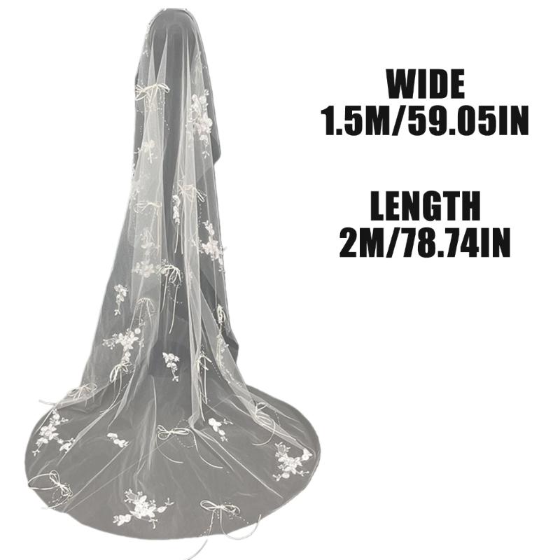 White Bridal Veils Pearls Studded Lightweight Tulle Long Train Hairpiece For Wedding Party Cosplay