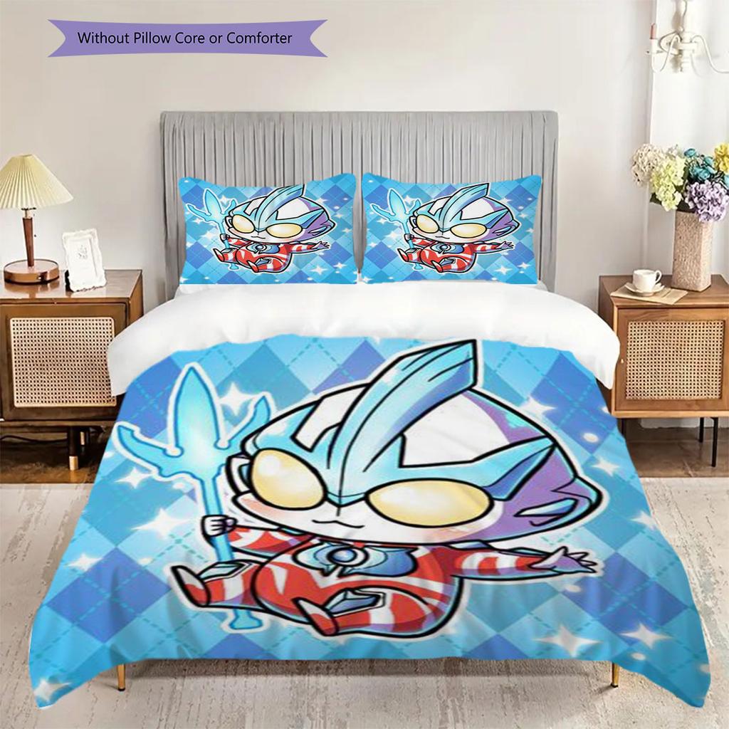 3pc Ultraman cartoon print unbleached bed sheet set(1*Duvet Cover + 2*Pillowcase, Without Core), for bedroom bedding decoration